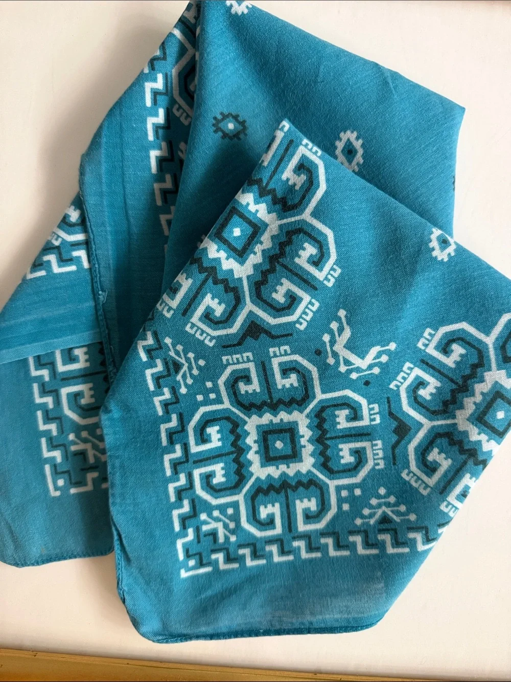 VTG Turquoise Blue Aztec Geometric Cotton Bandana Made in USA RN13960 80’s-90’s